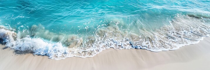 A high-angle photograph capturing the serene beauty of gentle waves crashing onto a pristine white sand beach