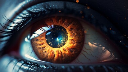 An intricate closeup image displays a human eye with a futuristic and lively appearance, conveying energy and vitality