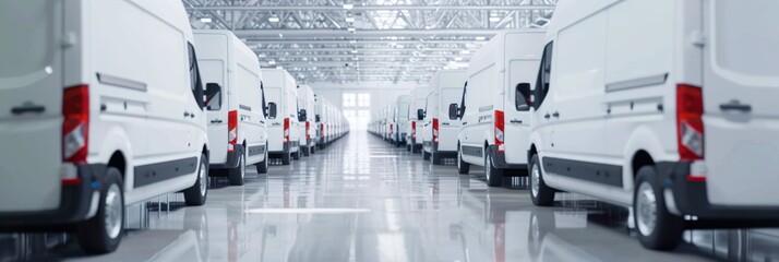 Naklejka premium A low angle photo showcasing a row of pristine white delivery vans parked neatly in a spacious warehouse