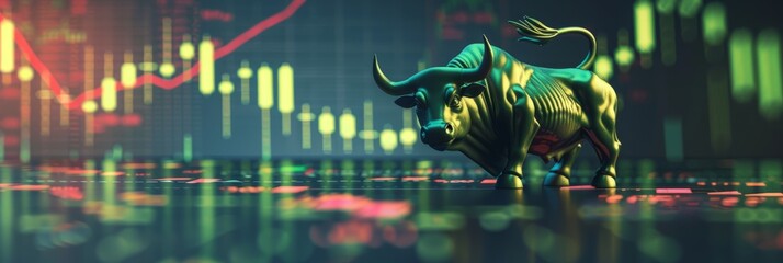 A green bull statue stands against a backdrop of dynamic candlestick charts, capturing the volatility of the market