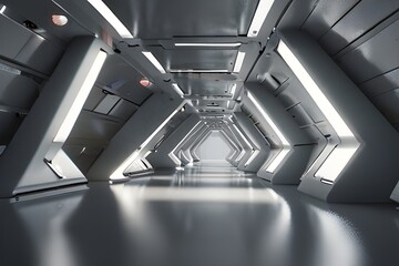 Fototapeta premium Empty Long Light Corridor. Modern white background. Futuristic Sci-Fi Triangle Tunnel. 3D Rendering Generative AI 