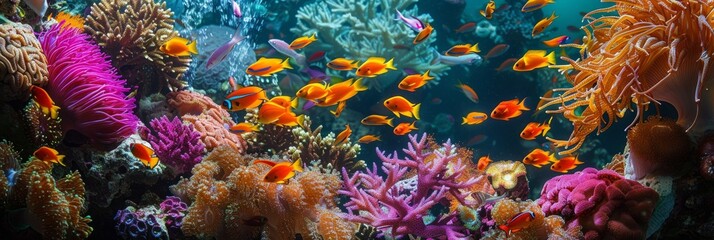 A vibrant underwater scene showcasing a group of anthias fish swimming through a diverse coral reef