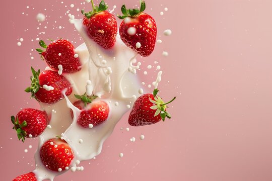 strawberries in milk, splash of cream on pink background