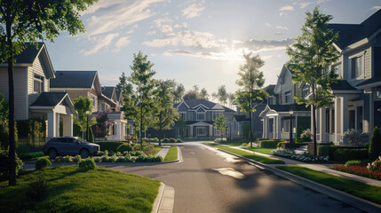 A perfect suburban neighborhood in North America during the summer. Luxurious houses adorned with impeccable landscapes create a serene and inviting atmosphere.