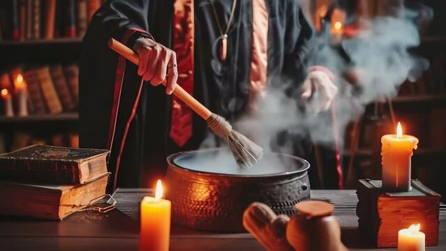 the magician brews a potion in a cauldron, surrounded by candles and books, in a smoky atmosphere.
Concept: magic, witchcraft, Halloween, mystical rituals