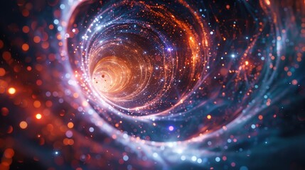 Abstract swirling vortex of light and color, resembling a wormhole or a cosmic tunnel.