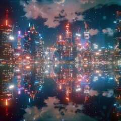 Fototapeta premium A futuristic city skyline reflected in a cosmic mirror, ethereal, neon lights, cyberpunk, surreal, detailed