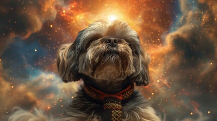 Adorable dog with a cosmic background, blending the charm of pets with the mystery of space in a creative composition.