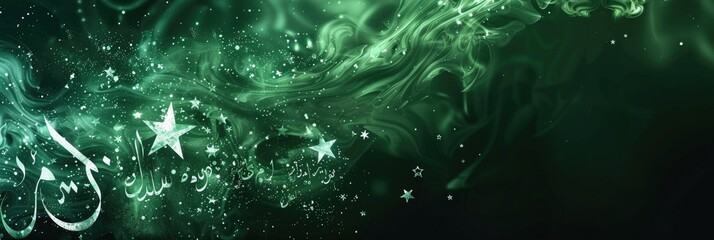 horizontal banner, Pakistan Independence Day celebration, Pakistan flag, abstract background, shining smoke, emerald shimmer, copy space, free space for text