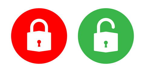 Lock and unlock icon set in red and green circle in modern style for user interface design elements. Lock icon collection. Locked and unlocked icon set. Flat security symbol. Vector Icon.