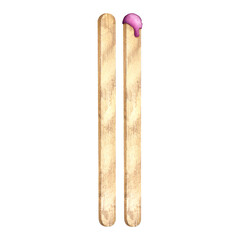 Wooden sticks for depilation. Spatula with pink wax. Watercolor illustration. Beauty salon concept. Professional cosmetologist. Depilation