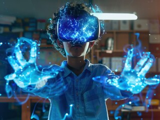 School student with VR headset using AI artificial intelligence technology & machine learning.Interactive technology in classroom. Innovation & smart tech. AI blue hologram in education