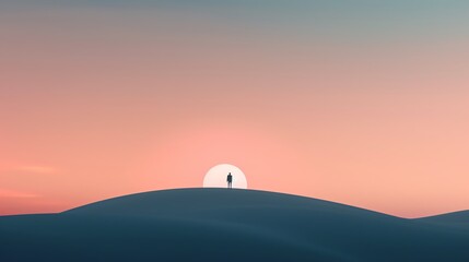 Silhouette of a person standing on sand dunes with a beautiful gradient sunset sky in the background, creating a serene and tranquil view.