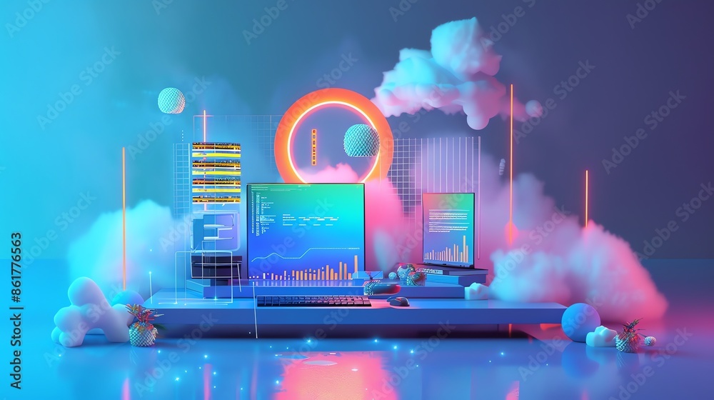 Poster futuristic data center. cloud computing and data analysis visualization