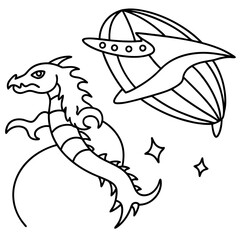 Dragon in space outline for coloring book