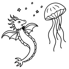 Dragon in space outline for coloring book