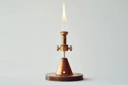 A Bunsen burner with an adjustable flame and a sturdy base isolated on a white background