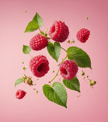 A close-up image of fresh, ripe raspberries falling on a pink background, with green leaves and stems