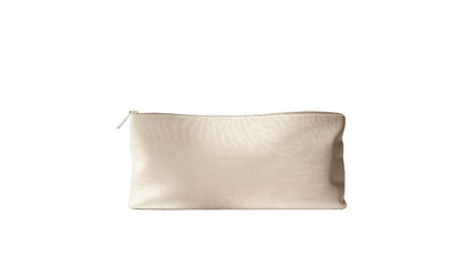A 3D rendering of a blank canvas cosmetic bag mockup from a side view is displayed This mockup represents an empty linen or fabric zipper pouch suitable for beauty accessories