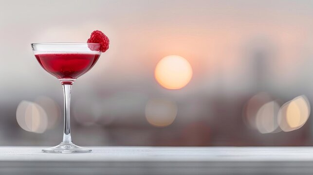 Red Raspberry Manhattan cocktail, Professional cocktail photography, Minimalist Glass, Modern Minimalist Style, Eyelevel shot, daylight