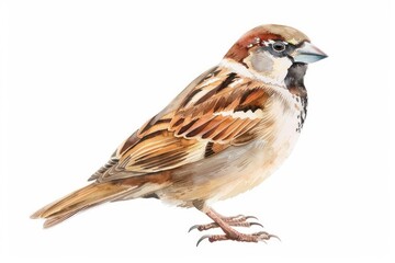 Fototapeta premium A charming watercolor sparrow with soft brown feathers and a curious expression isolated on a white background