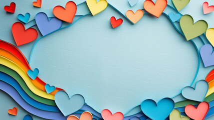 Colorful heart with rainbow colors as a frame, papercut art style, pride month background
