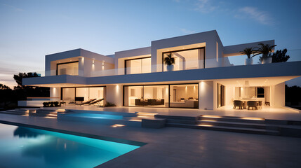 Fototapeta premium Luxury House with Pool at Night