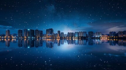 beautiful view of the city at night with a starry sky and a large lake