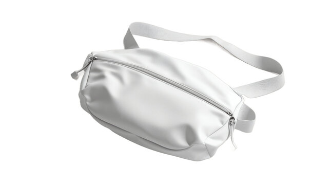A 3D rendering of a blank white waist bag mockup is shown lying from a top view This template features an empty trendy nylon bellybag ideal for tourists showcasing a clear sport adjust