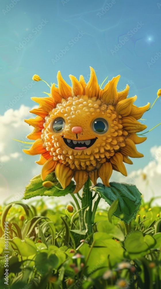 Wall mural A sunflower with a smiling face in a field