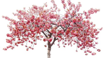 A cherry tree adorned with delicate pink blossoms and shiny red fruit isolated on a white background