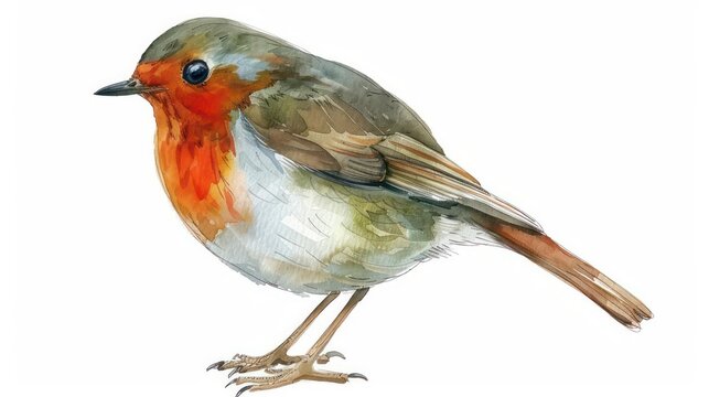 A cheerful watercolor robin with a bright red breast and a perky stance isolated on a white background