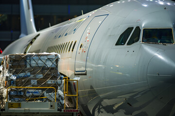 Cargo being loaded onto a large commercial aircraft at night, ready for transport and delivery to its destination.