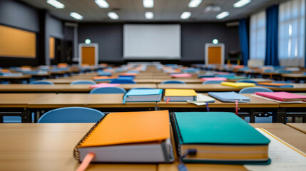Close-up of notebooks and textbooks on desks in an empty classroom, ready for class. Background features an empty screen and chairs.