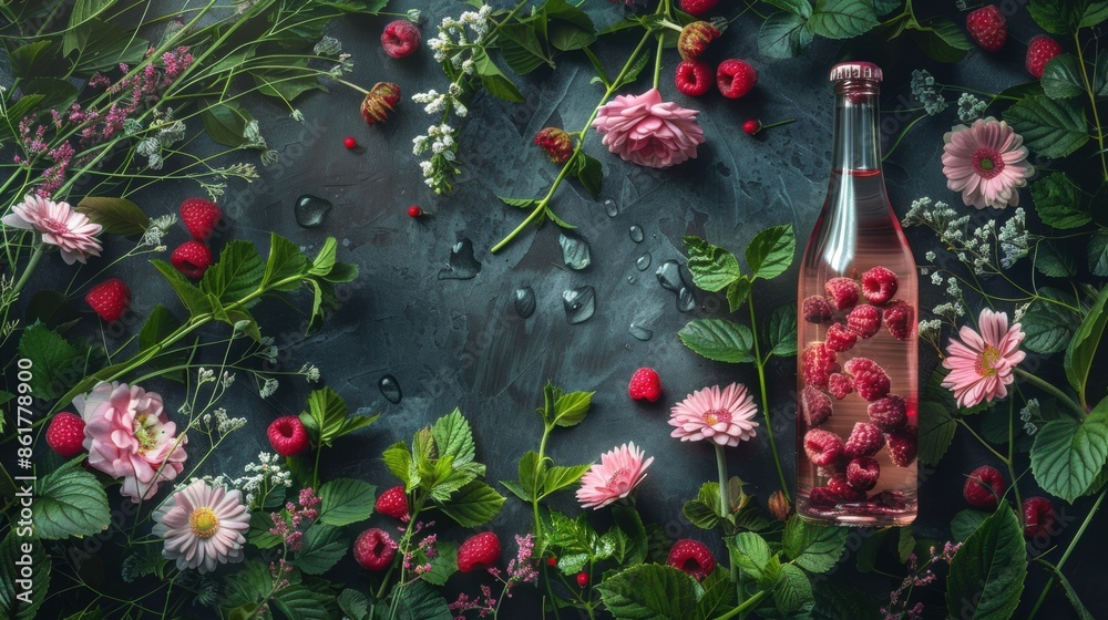 Canvas Prints A bottle of wine surrounded by flowers and berries