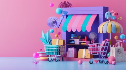 3D Illustration of E-commerce concept. Colorful shop with shopping carts, bags, gifts, and summer accessories. Online shopping and delivery theme.