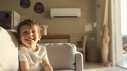 Una bambina sorride rilassata sul divano di casa sua, illuminata dalla luce della lampada.