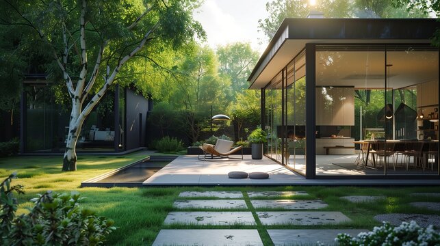 Una casa moderna con ampie vetrate e un elegante giardino verde, perfetta per il relax quotidiano.