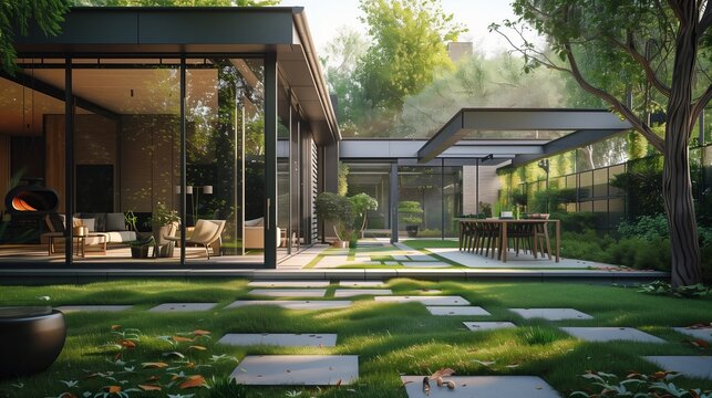Una casa moderna con ampie vetrate e un elegante giardino verde, perfetta per il relax quotidiano.