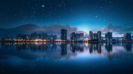 beautiful view of the city at night with a starry sky and a large lake