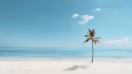 Solitary palm tree on a tropical beach, expansive blue sky with cotton-like clouds, peaceful ocean waves, great for vacation and travel business concepts