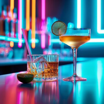 2 fancy cocktails, shot for a commercial, 8k, sony photography style, HDR, muted colors, burbon, whiskey, gin cocktail