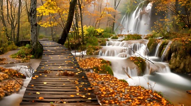 Photo of Plitvice National Park in Croatia, showing autumn colors, a waterfall and wooden boardwalks in the style
