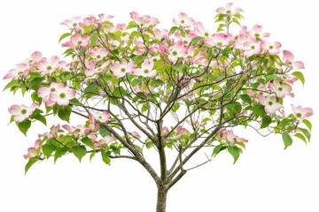 Obraz premium A dogwood tree with striking white or pink flowers and bright green leaves isolated on a white background