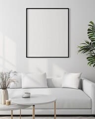 a blank picture frame with a 45 ratio full frame available, wall art mockup, minimalist furniture