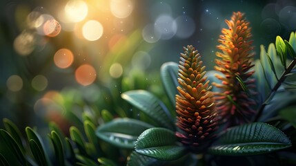 A macro 3D render of an established lush and diverse bronze tinted flora and plants with a rich array of textures and colour in immense detail rendered from Cinema 4d