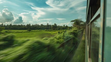 A view of the lush green forests and fields beyond the train windows showcasing the conservation of natural spaces that trains contribute to.