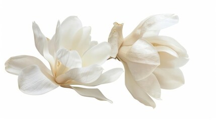 A magnolia blossom with creamy white petals and a subtle fragrance isolated on a white background