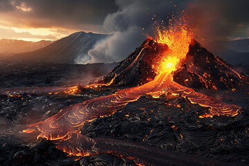Generative ai on theme of erupting volcano with cascading hot lava surrounded thick white smoke