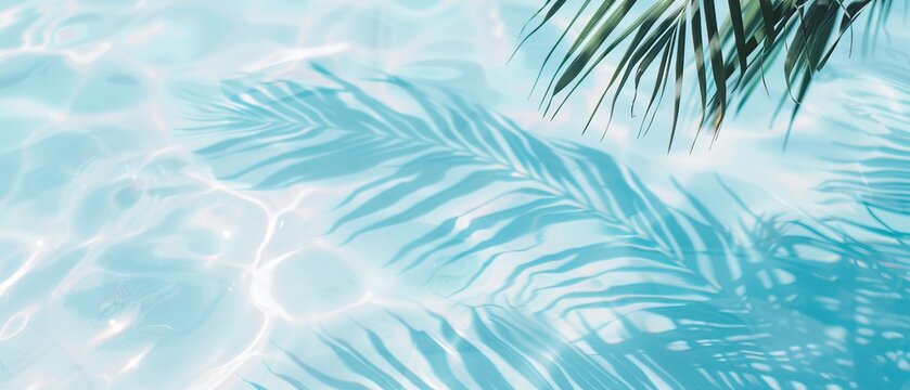 Elegant minimalist background concept featuring close-up water surface with gentle ripples and subtle blurred palm leaf shadows on the beach, evoking a peaceful, natural and pure atmosphere.